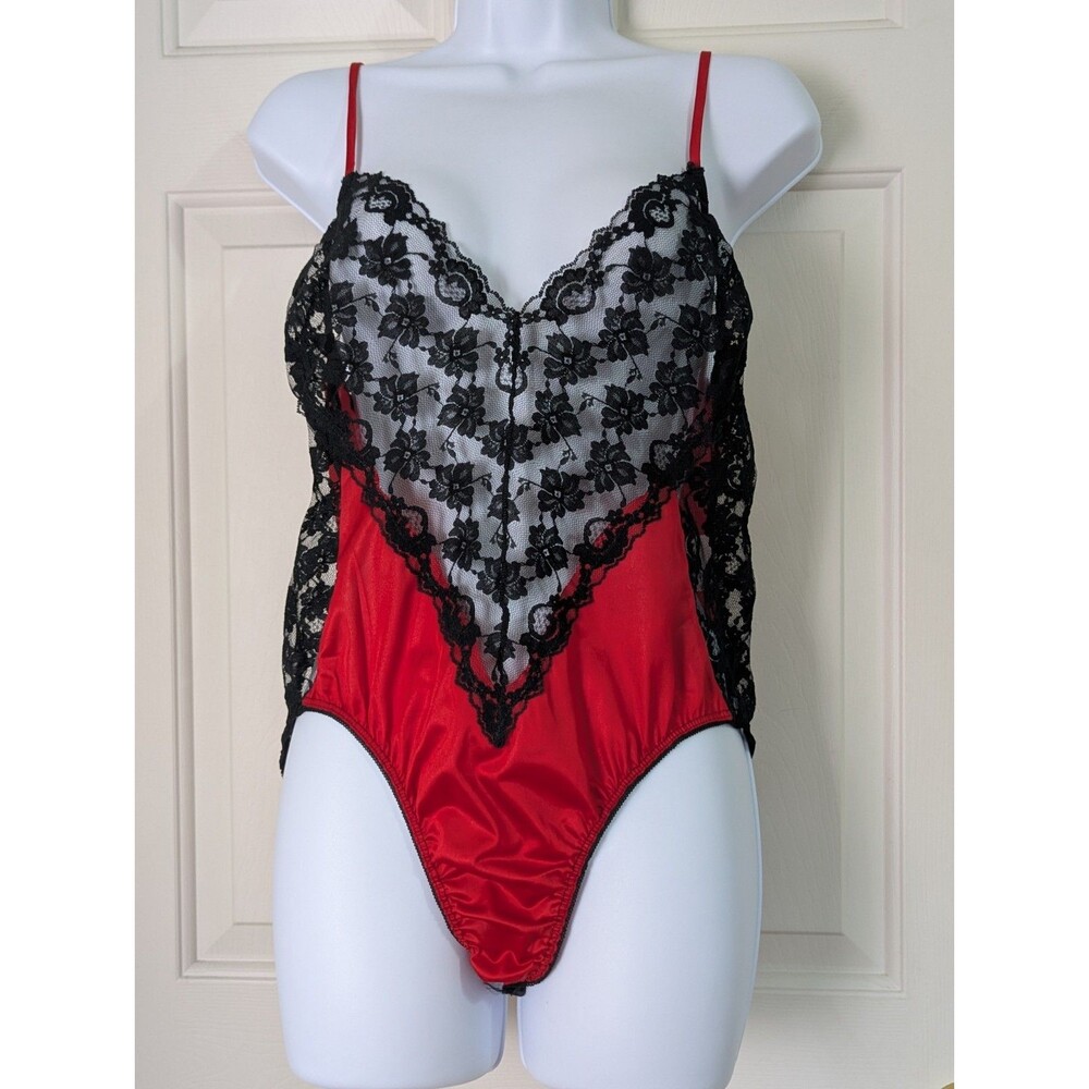 VTG Undercover Wear Satin Lace Teddy Bodysuit Medium Black Red Coquette Romantic